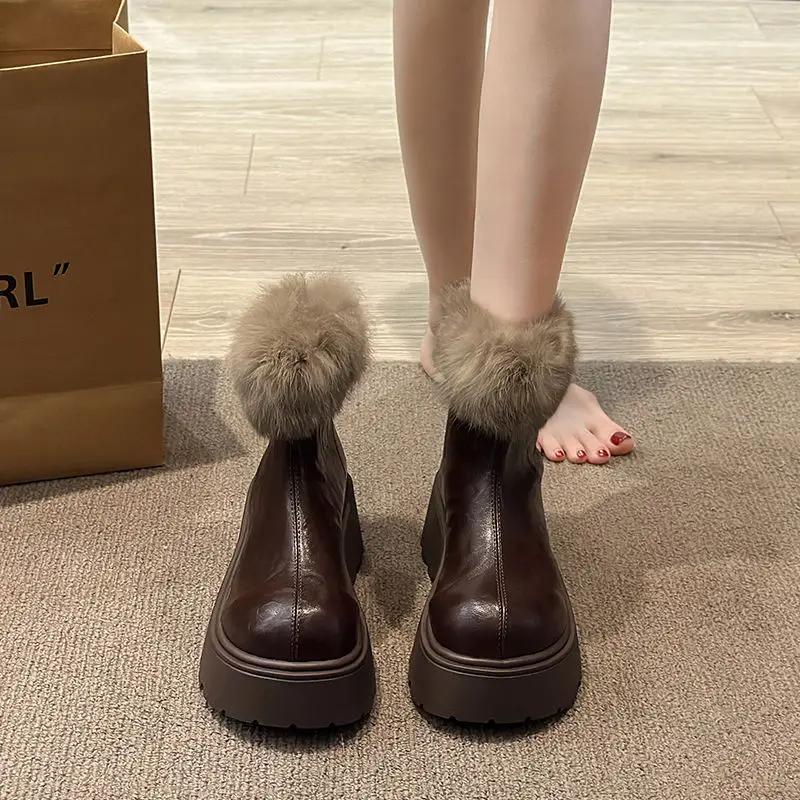 Women s Winter Footwear Retro Waterproof Leather Snow Boots Plush Keep Warm Lightweight Ankle Boots for Women Botas De Nieve 35