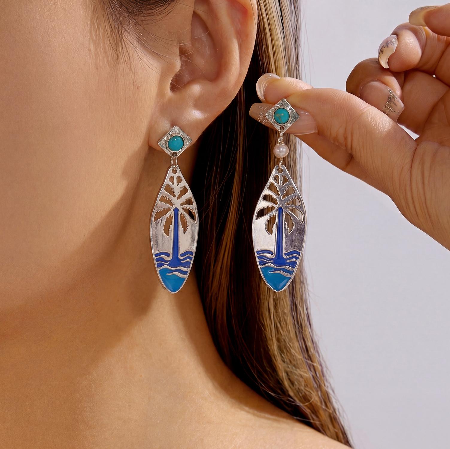 

Vintage Silver Color Coconut Tree Turquoise Dangle Earring For Women Boho Ethnic Hollow Leaf Flower Earring Girls Party Jewelry