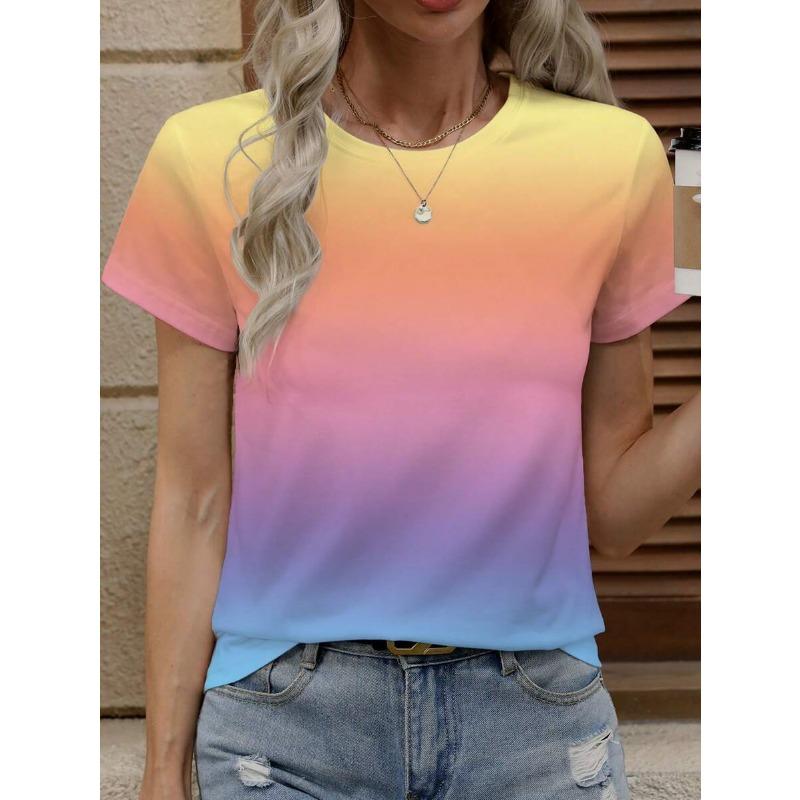 Gradient T-shirt Women's Summer Outdoor Fashion Round Neck Short Sleeve Tops Gradient Trendy Style OverSize Loose Women Clothing