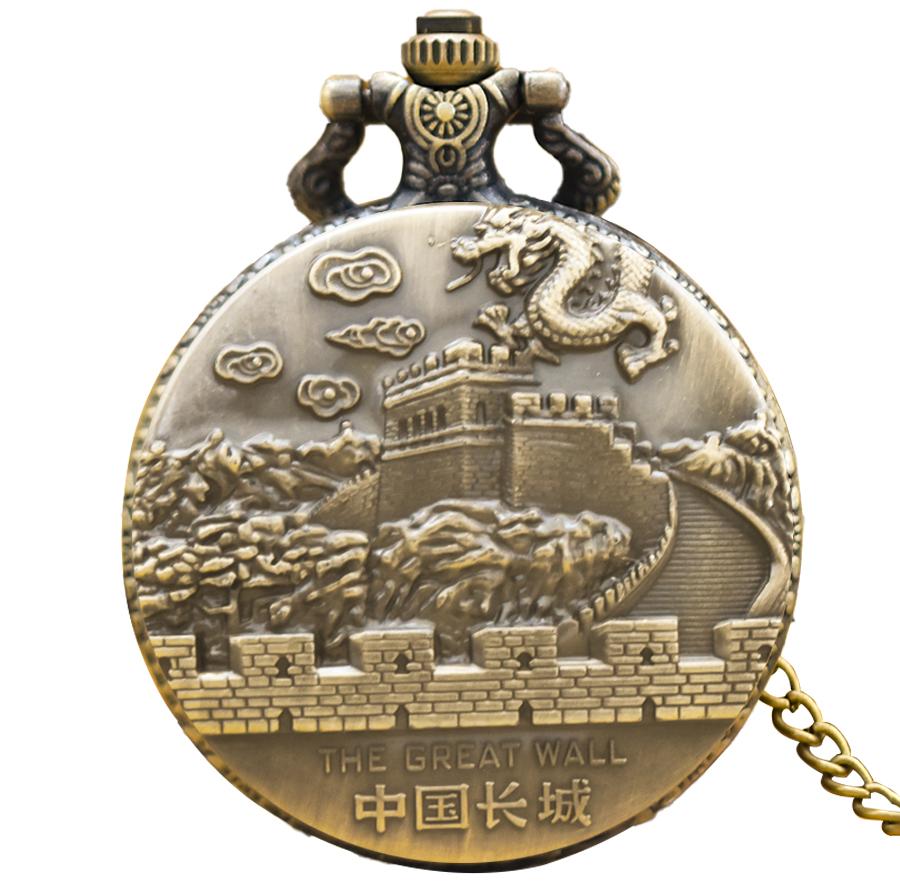 

Vintage Bronze Steampunk Great Wall Of China Quartz Pocket Watch Necklace Pendant Clock Chain Men Women Chain Collection Gift бронзовий