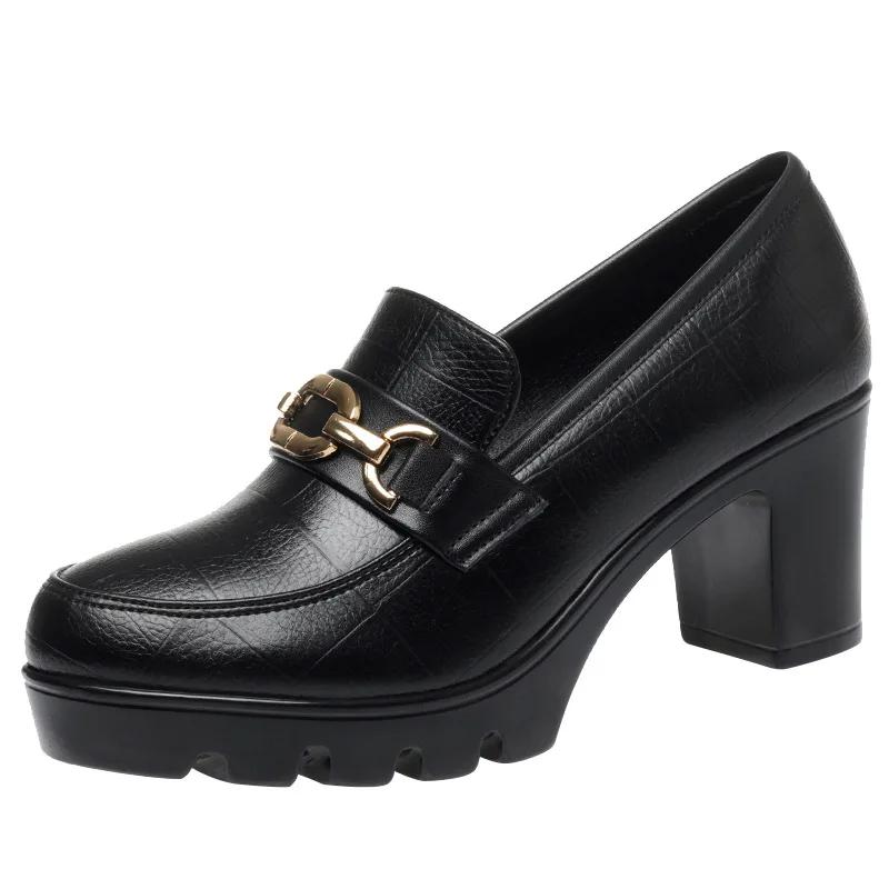 Soft Leather Black Shoe Woman Block Pumps 2025 Thick Bottom Platform Shoes Model Office Work 6.5 Cm 8 Cm High Heels Grace