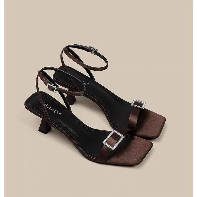 

Fashion 2025 Summer Designer Women s Sandals New Fashion High Heels Stilettos Lace-up Sandals for Women Slingback Femme Zapatos De Mujer 35 коричневый