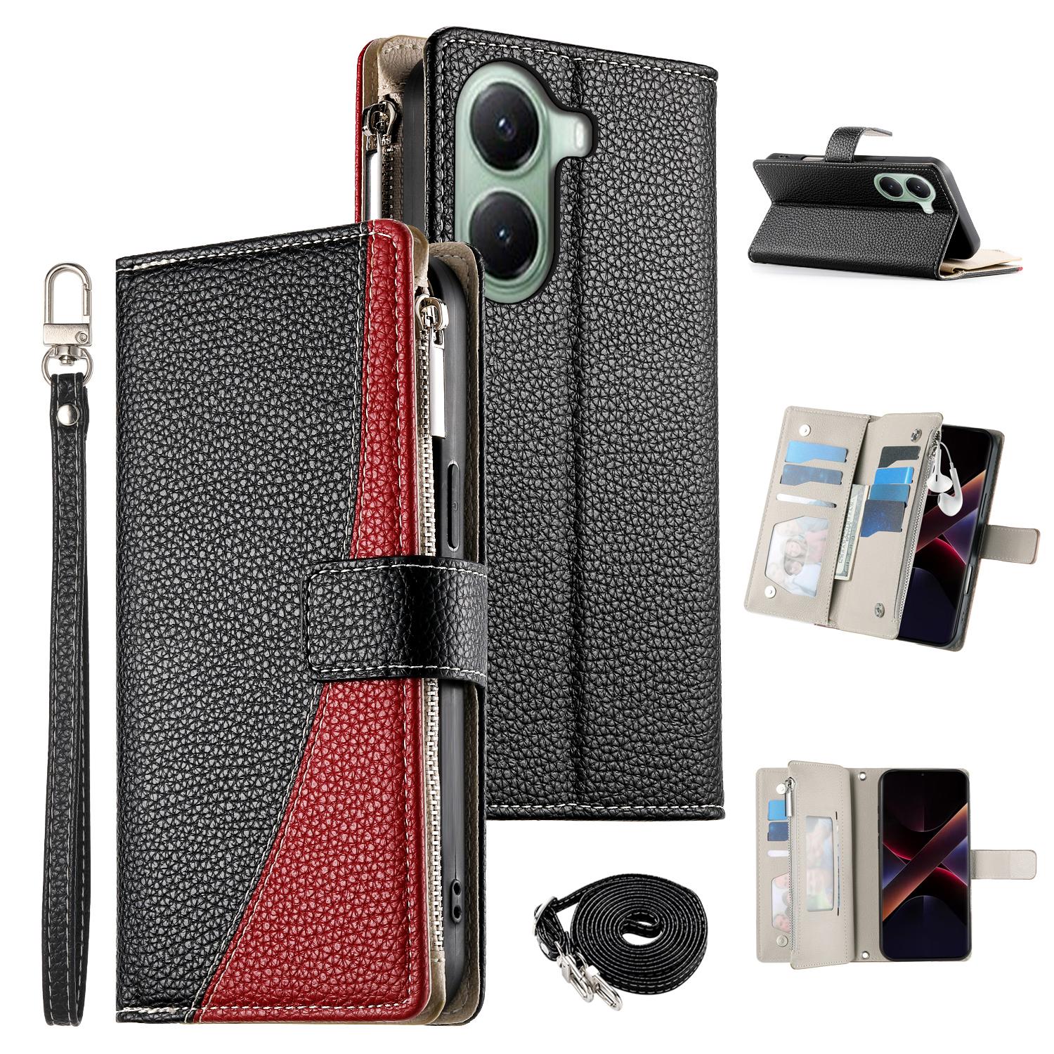 

For Xiaomi Poco X7 Pro 5G Case Zipper Wallet Color Splicing Leather Flip Phone Cover with Straps B
