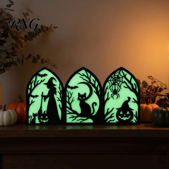 Ghost Witch Black Cat Decor Halloween Wooden Screen Ornaments, Glow in The Dark Gothic Arch No Assembly Ornaments Decor, Atmosphere Supplies for Home