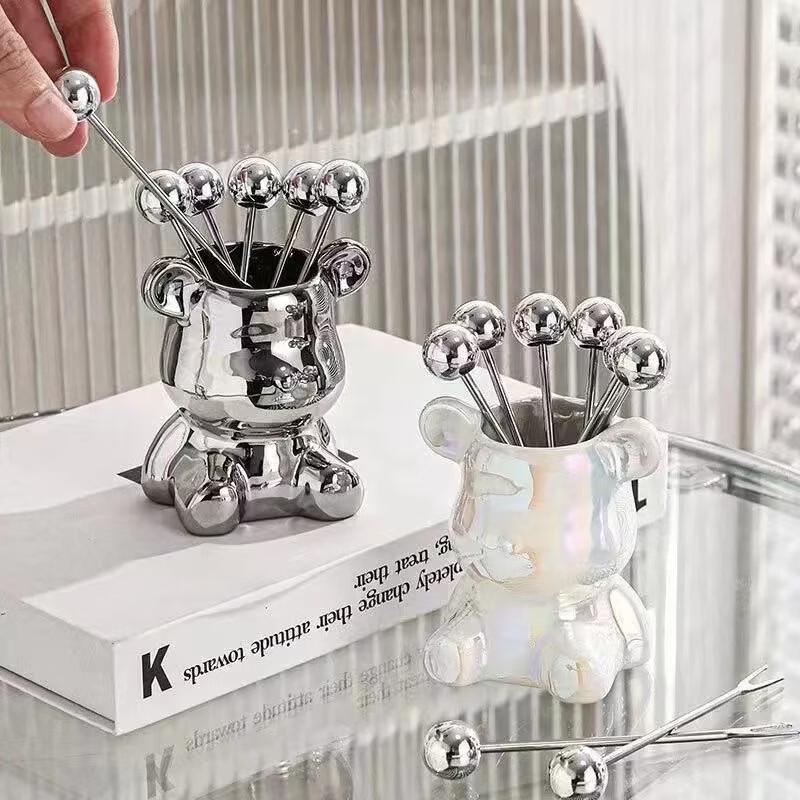 ZISIZ Simple Stainless Steel Fruit Forks Set with Colorful Bear Holder