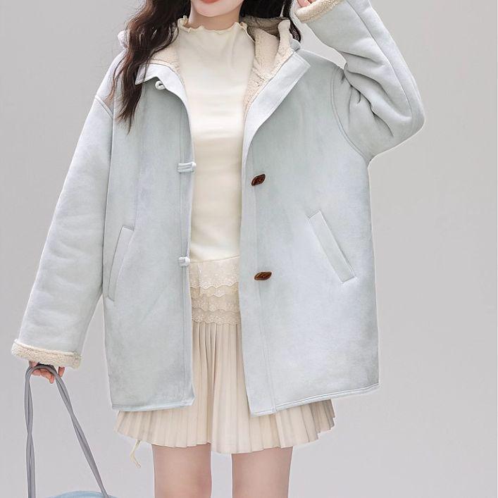 Women s Blue Faux Fur Short Jacket with Korean Stand Collar Large светло-синий