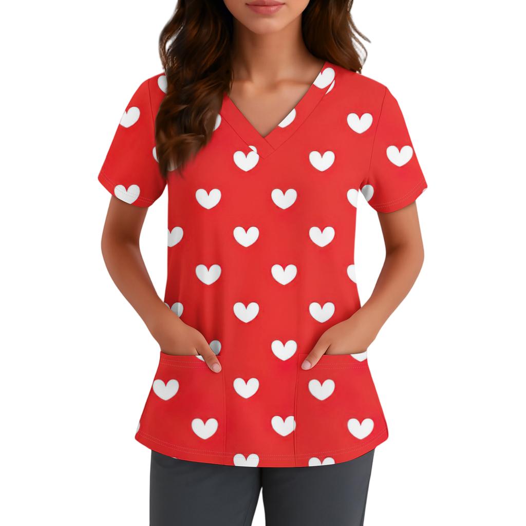 Damen Niedlich Schleife Bedruckt Arbeitskleidung V-Ausschnitt Doppellagig Taschen Basic Kurzarm Oberteil Pullover