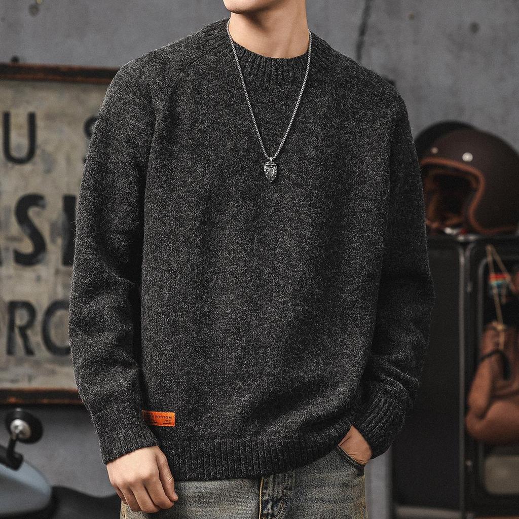 Men's American Retro Thick Knit Sweater - Winter Loose Fit, Casual Round Neck Outerwear
