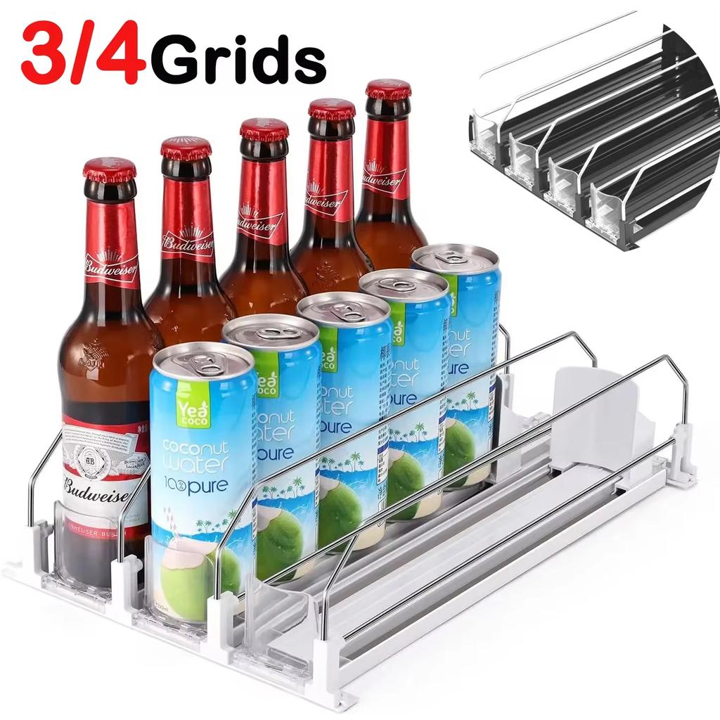 Drink Organizer Dispenser Spring Push Can Shelf Pusher Adjustable Width Soda Can Bottle Pusher E-shaped Glide for Kitchen Fridge