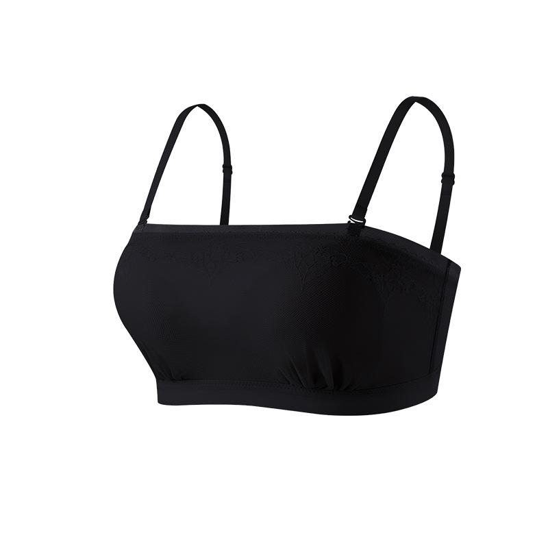 Silk rimless lace tube top, mulberry silk national style, light and breathable one-word anti-light bra M чёрный