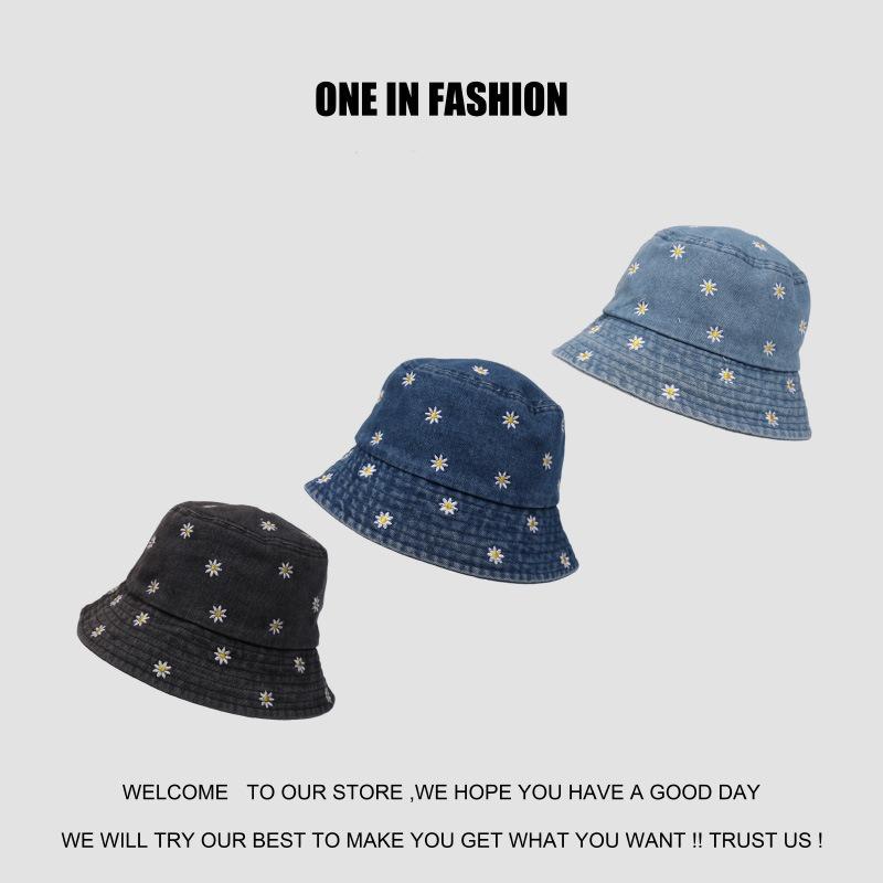 Small Chrysanthemum Embroidered Denim Four Seasons Can Wear Smiley Face Small Face Bucket Hat Women's Sunscreen Sun Hat