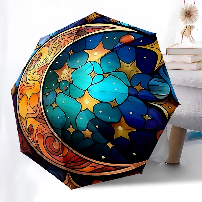 

1pc Stained Glass Moon & Stars Automatic Folding Umbrella - Portable 3-Fold Design with Iron Frame for Outdoor Use, Perfect Gift for Fans, Travelers,