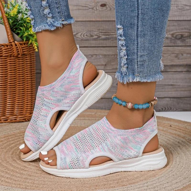 Mode Damen Sommer Stretch Mesh Sandalen Fischform Dicke Sohle Offene Zehen Keilsandalen Damen Leichte Freizeitschuhe Zapatillas Muje