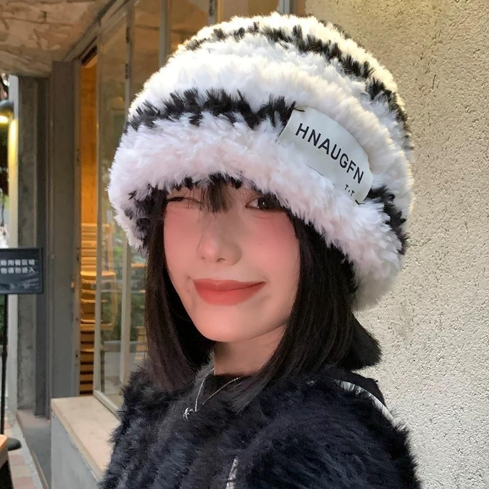 Big Size Pile Hat Wool Stripes Winter Cap New Knitted Hat Women