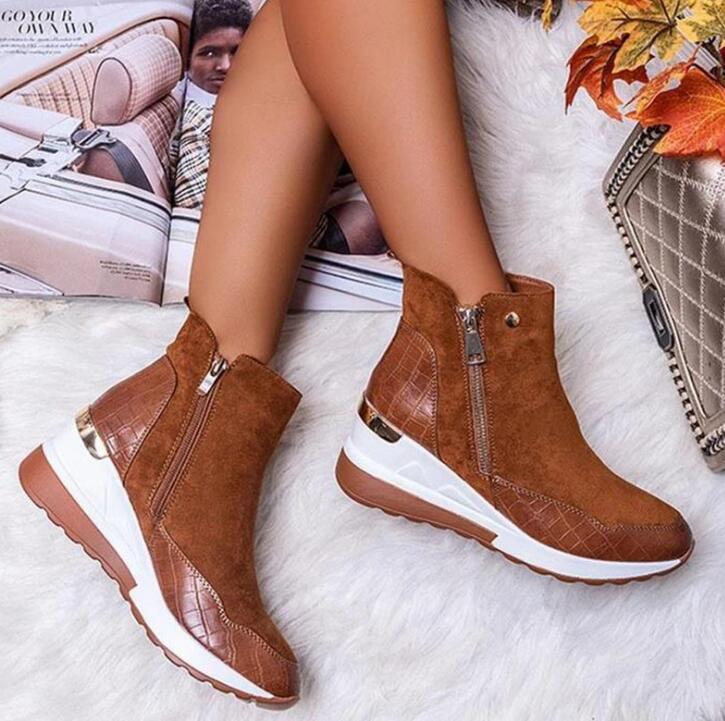 Women Boots Fashion Winter Ankle Waterproof Boots Round Toe Wedges Snow Warm Women'S Sneakers Work Non-Slip Female Shoes C526