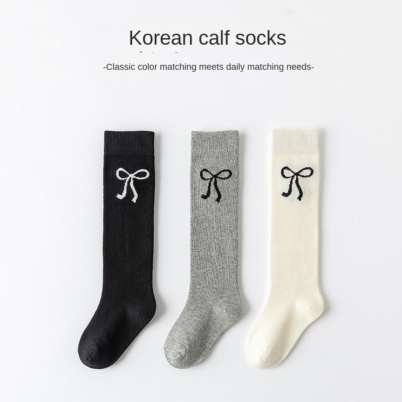 3pairs Girls' Knee-high Slouch Socks Black White Gray Bow Spring Stackable Tights For Kids 3-12Y Children Casual School Sockens