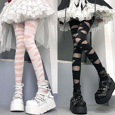 Lolita Punk Ριγέ Κάλτσες με Σταυρωτά Λουράκια Μαύρο & Λευκό - Σέξι, Λεπτό Καλοκαιρινό Κολάν