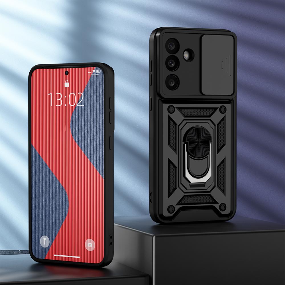 KEYSION Shockproof Case for Samsung M56 5G Silicone+PC Slide Camera Protection Ring Stand Phone Back Cover for Galaxy F56 5G