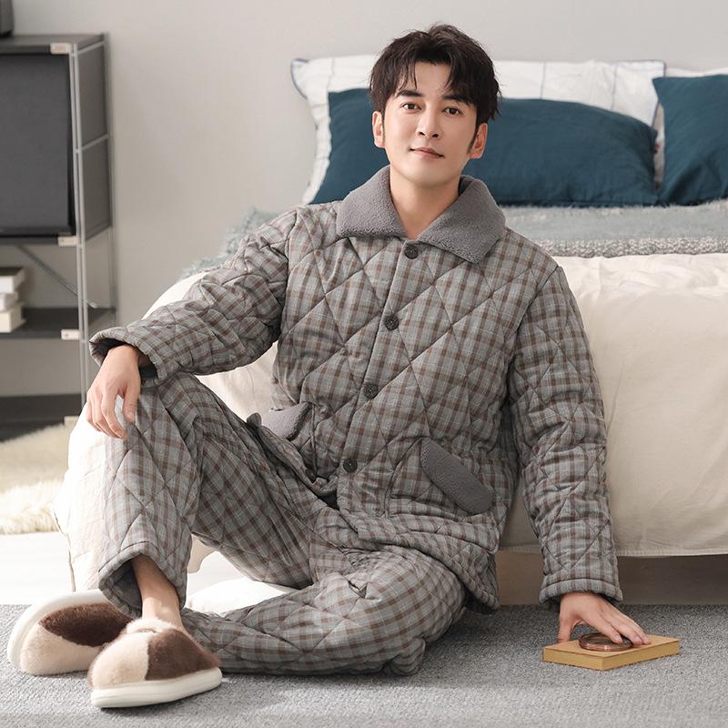 Men's three-layer padded pajamas winter thickened woven pure cotton warm padded jacket anti-static loungewear large size set