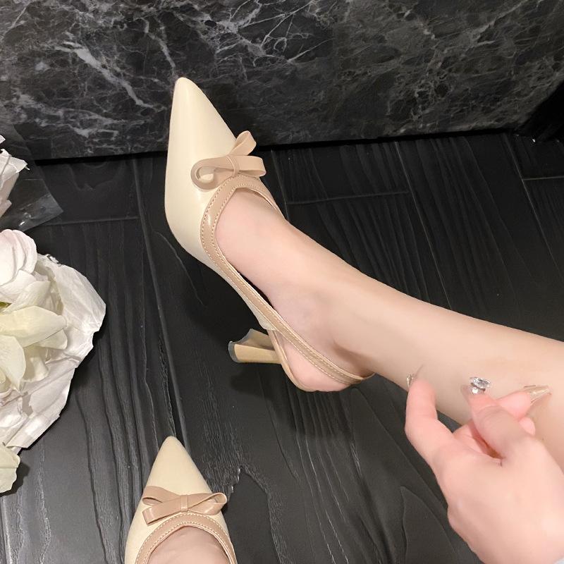 French Elegant Bow High Heels Women's Plaid Embossed Thin Heel Pointed Light Mouth Single Shoes Sandals