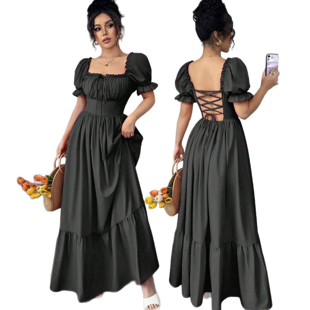 Summer 2025 European & American Women's Square Neck Tie-up Waist Dress