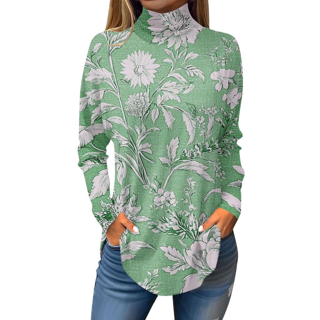 Tee Shirts For Women Fall Casual Long Sleeve Shirts Sweatshirt Vintage Printed High Neck Top Pullover