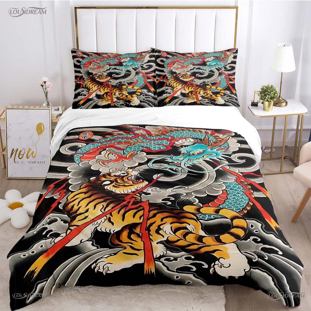 Fashion Dragon and Tiger Battle All Season Duvet Cover Bedding Sets Soft Quilt Cover and Pillowcases Single/Double/Queen/King