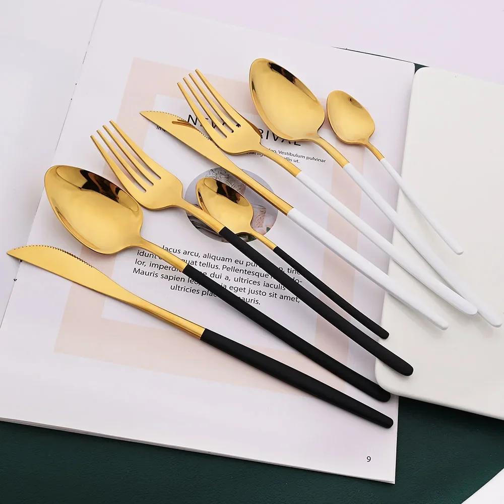 24Pcs Pink Gold Cutlery Set Knife Forks Coffee Spoon Tableware Set Mirror Flatware Stainless Steel Dinnerware Western Silverware