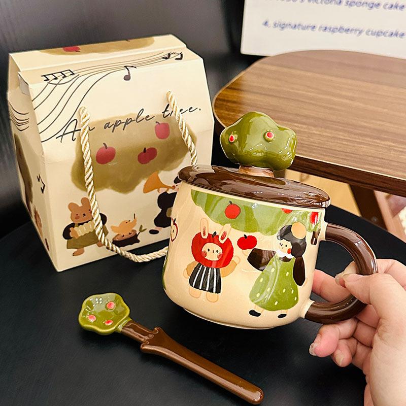 Cute Cartoon Apple Tree Mugs with LIDS Creative Easter Gifts  Water Cups  Household Ceramic Cups As Souvenirs