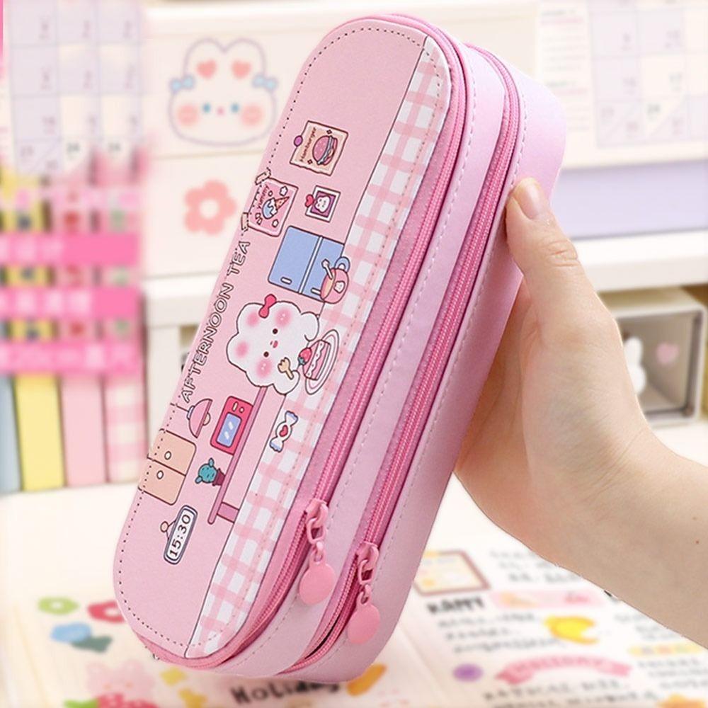 Ins Double Layer Pencil Case Cartoon Design Waterproof Pen Bag Portable Large Capacity Stationery Pouch Student Supplies