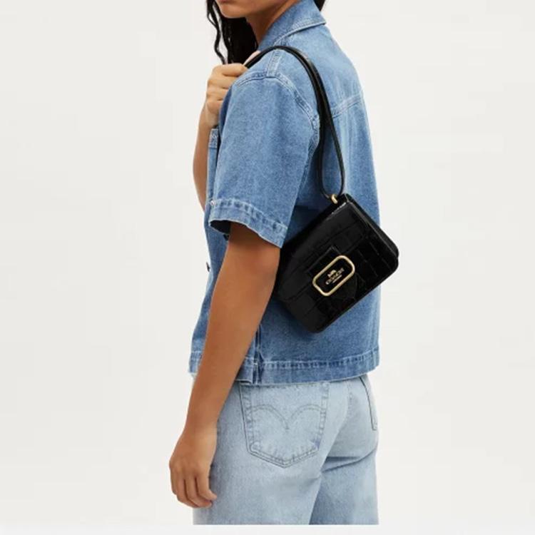 Coach 18 Solid Color Logo Flap Snap Multifunctional Pocket Leather Square Shoulder Crossbody Bag Small Women bags Bright-Black CN313-IMBLK