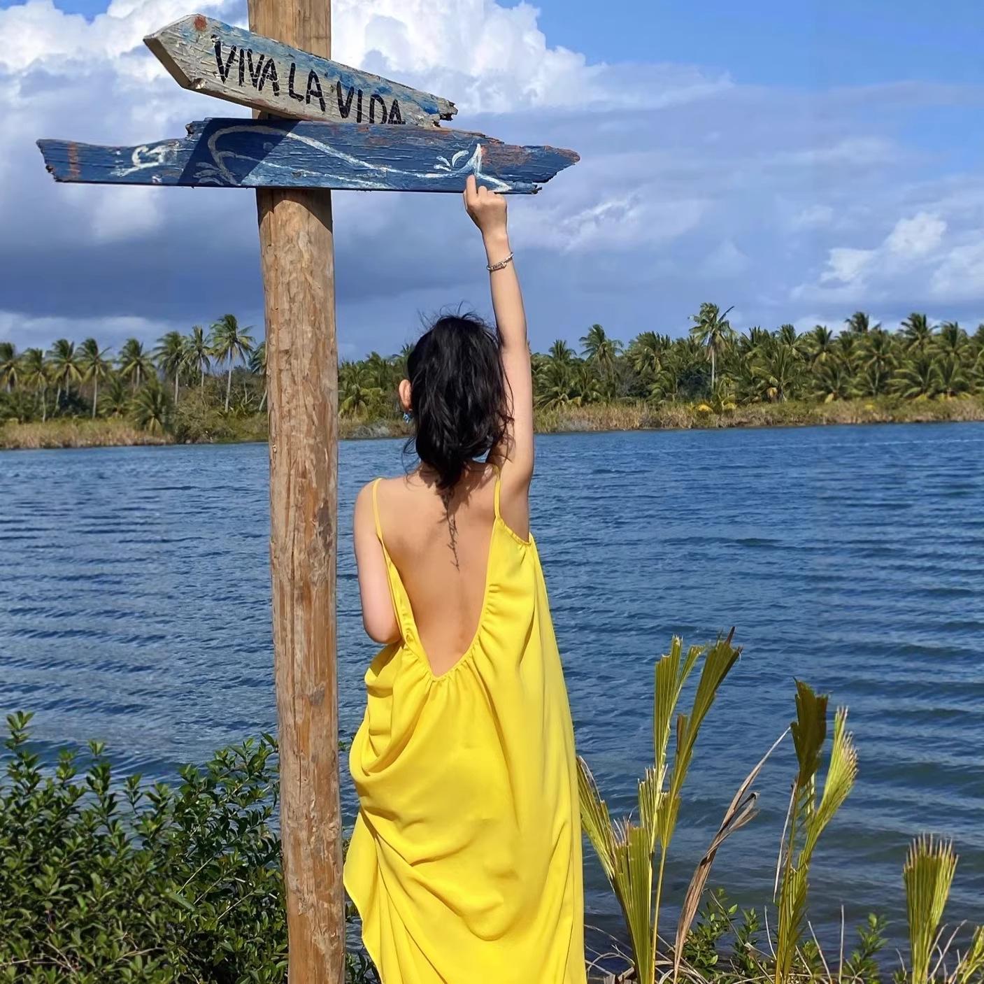 Seaside Yellow Backless Spaghetti Strap A-Line Summer Dress for Women 2XL