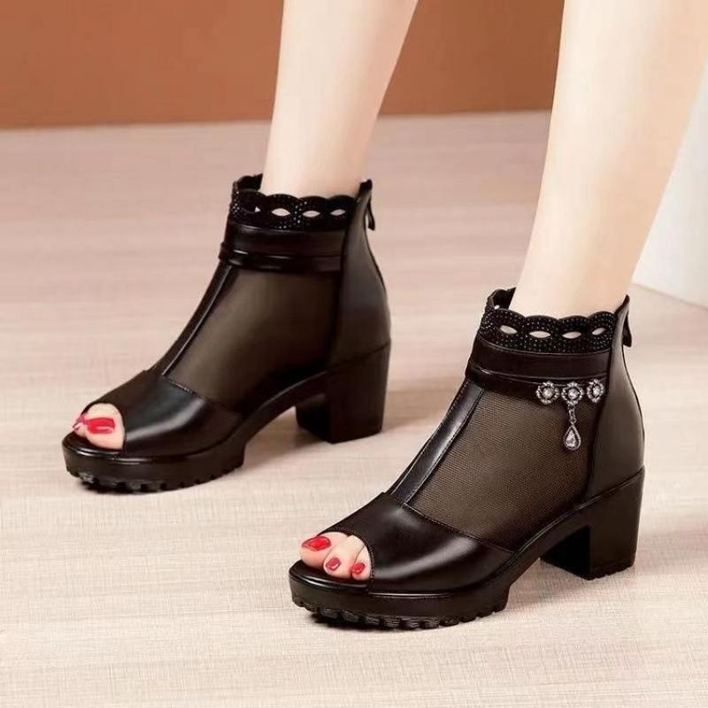 Coarse heel fish mouth mesh cool boots women's summer new thick heel soft sole mother sandals large size medium heel sandals