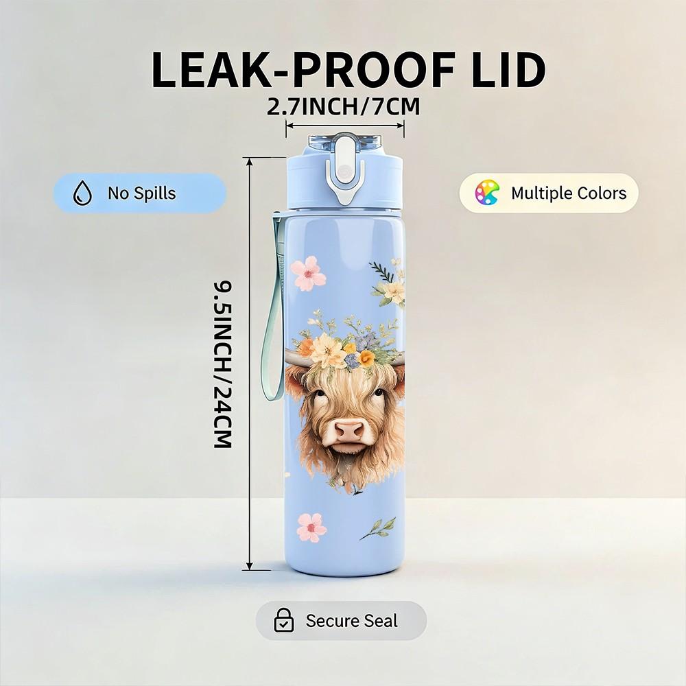 1PC Highland Cow Flower Wreath Print 750ml Color Plastic Sports Water Bottle Leakproof Flip Straw Lid Suitable for Sports Office Home Use