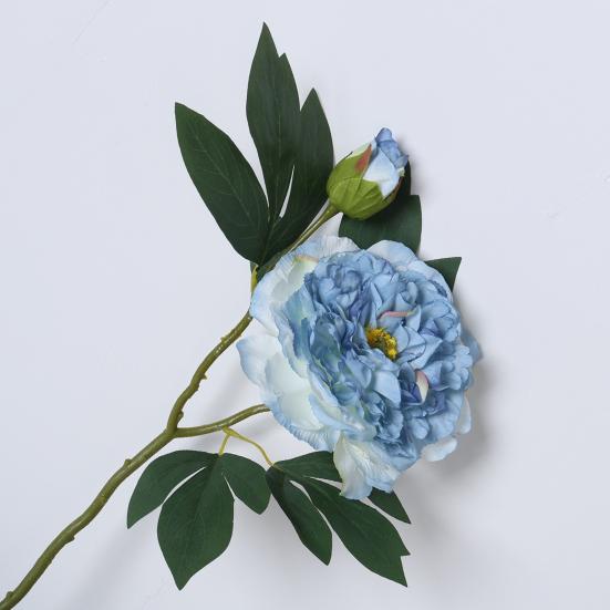 Artificial Peony with Green Leaves 2 Head Realistic Fake Silk Flower