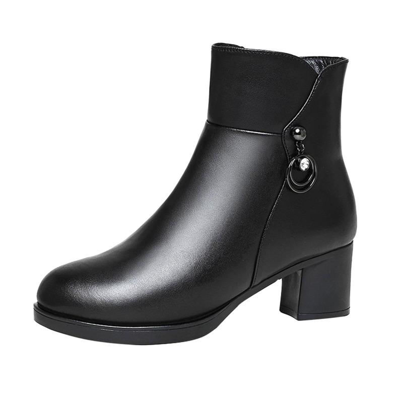 Fashion Autumn and Winter Women Ankle Boots Chunky Heel Middle Heel Solid Color Black Side Zipper Leather Boots for Women Lace