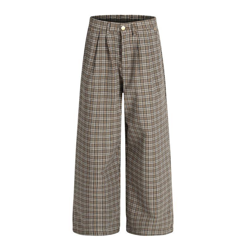 Kisko American Retro Double-Pleated Brown Plaid Drape Casual Pants for Men and Women, High-End Loose Straight-Leg Long Pants