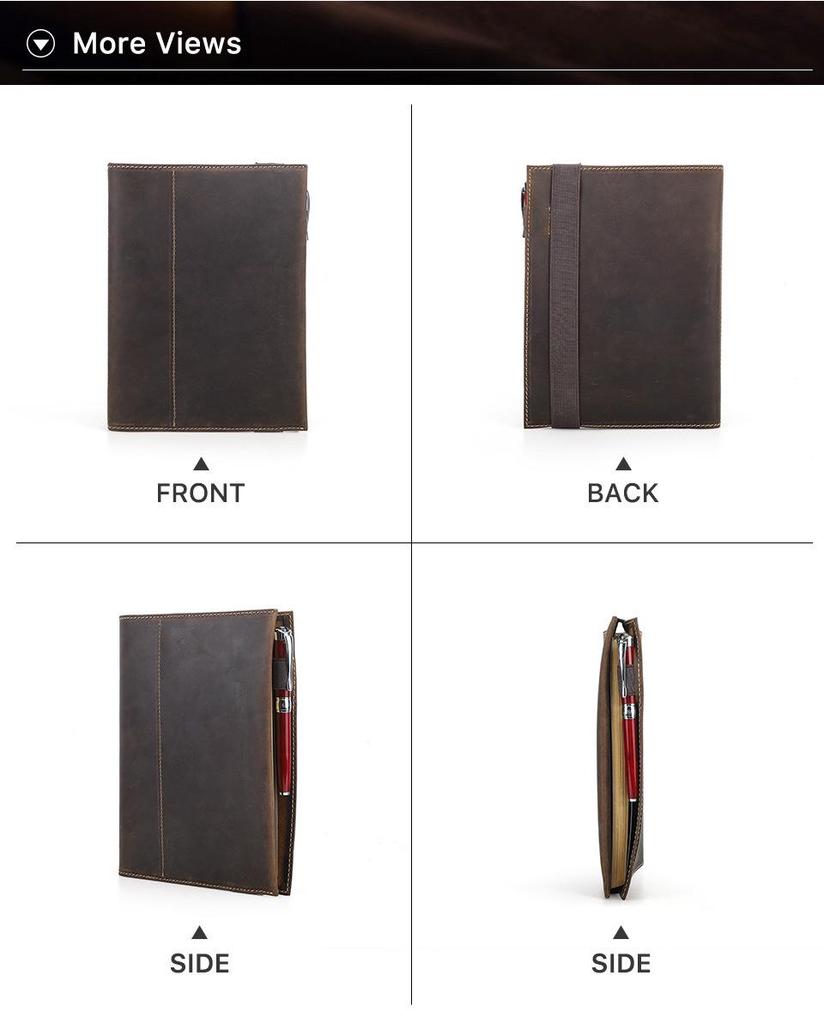 Handmade A5 Crazy Horse Leather Notebook with 6-Ring Binder & Replaceable Pages