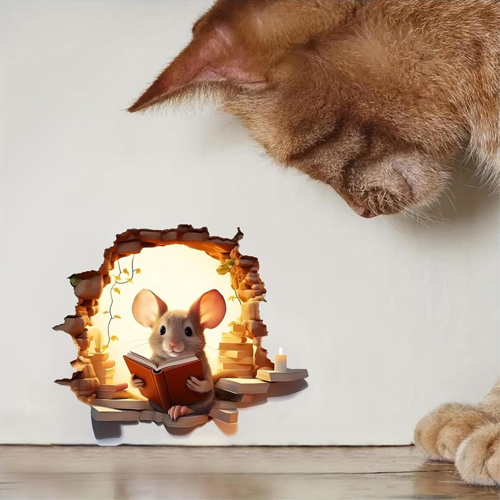 3D Realistischer Wandaufkleber „Lesebuch mit Maus“ – Abnehmbare Vinyl-Kunst für Wohnzimmer, Kinderzimmer, Schlafzimmer – Mattes Finish, selbstklebende Wohndekoration