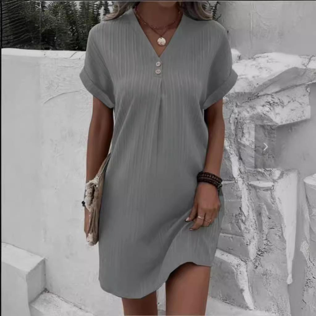 Summer Women's V-neck Button Short Sleeved Loose Monochrome Pullover Casual Mini Dress