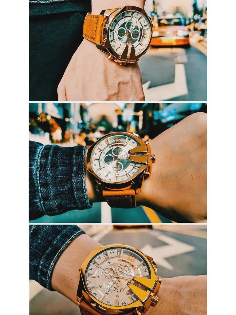 Amber Time Quartz Men's Watch: Blue Light Gold, Waterproof