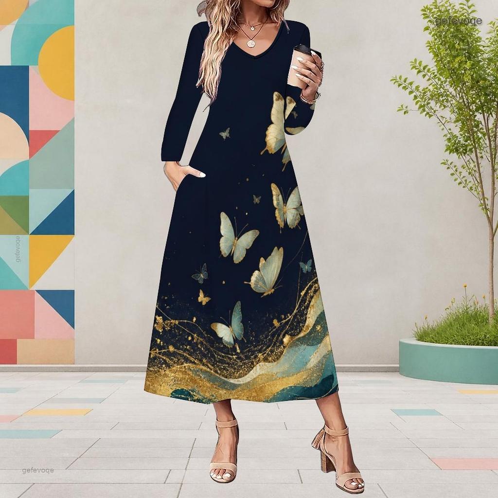 Women Plus Size Long Sleeve V Neck Dark Blue Butterfly Floral Printed A Line Midi Dress With Pockets