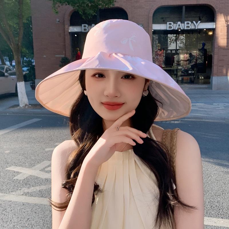 New big edge bucket hat women's summer sunscreen sun hat color glue face cover beach hat foldable bow
