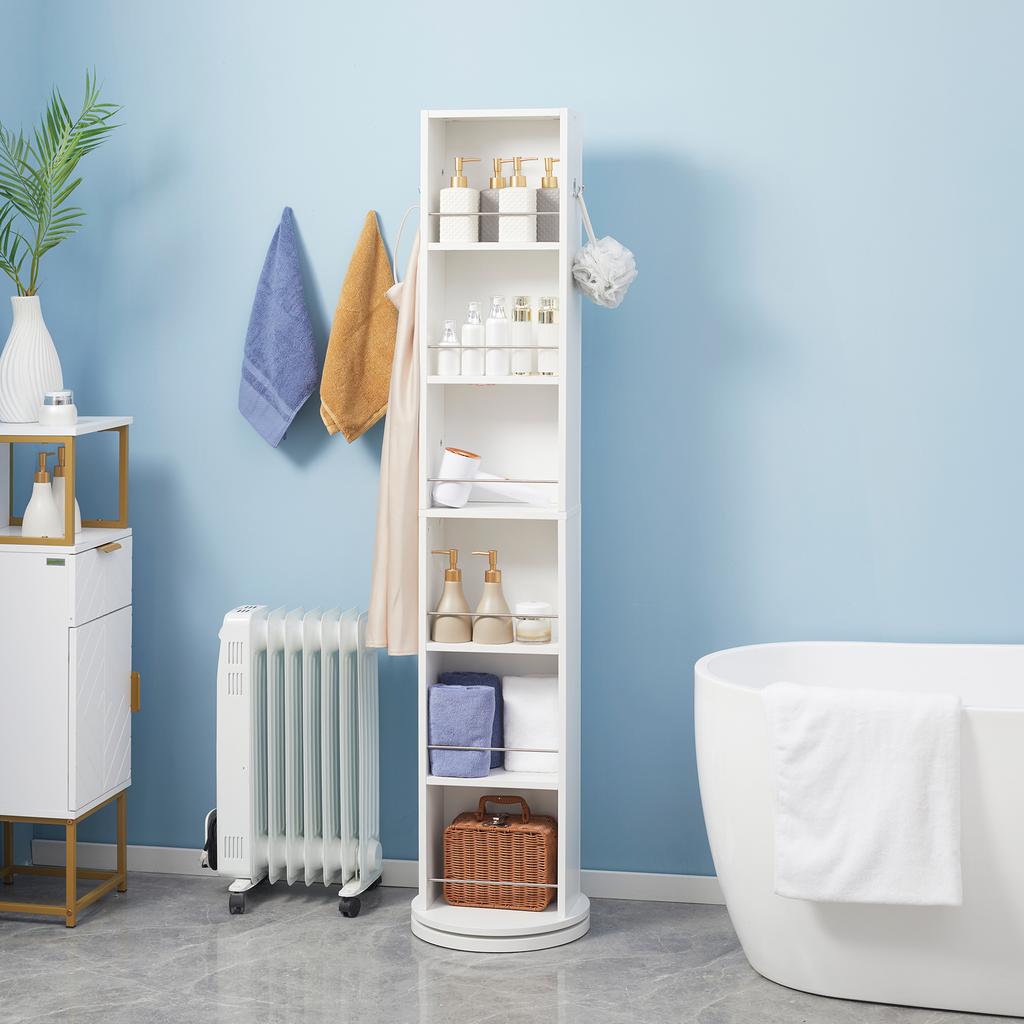 Swivel Bathroom Column Cabinet with Mirror 6 Shelves 36 X 36 X 171 Cm White