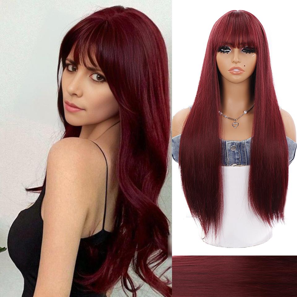 WTB Deep Red Long Straight Hair Synthetic Wig Female Straight Bangs Lolita Fluffy Natural Deep Red Long Straight Hair Wig
