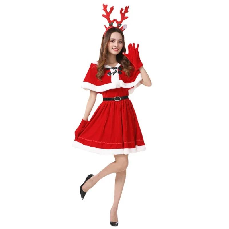 Christmas Party Dance Stage Dress Set Autumn Winter Cute Christmas Red Shawl Dress Women Sweet Plush Patchwork Drawstring