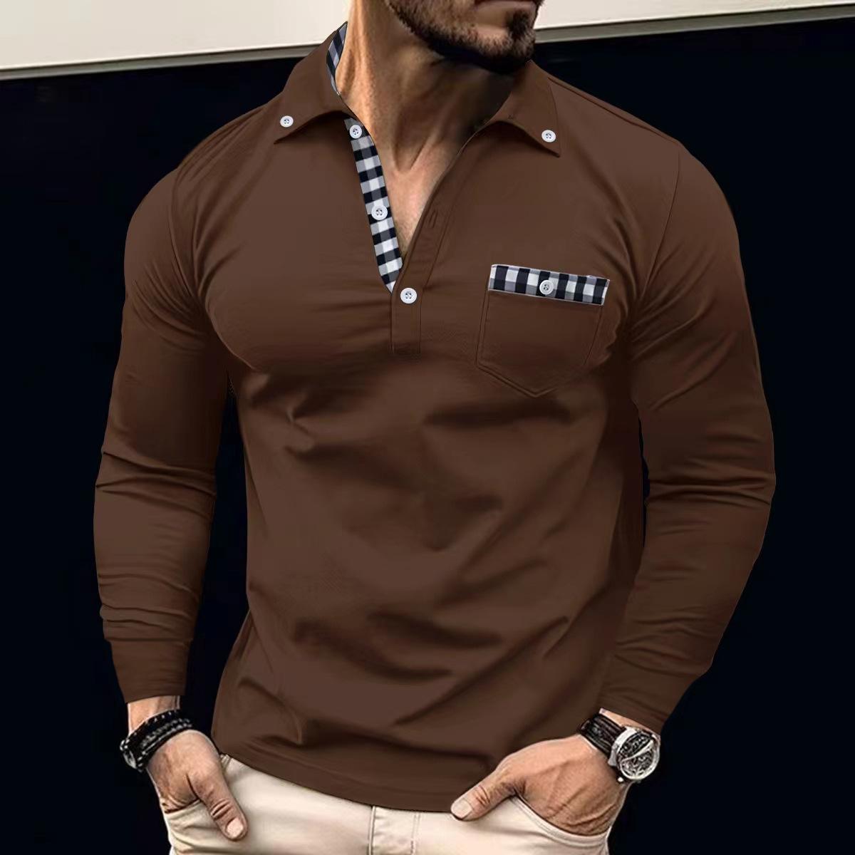 

Весняно-осінні повсякденні топи Чоловічі поло з довгим рукавом з картатим печворком на лацканах XXXL темно-коричневого кольору