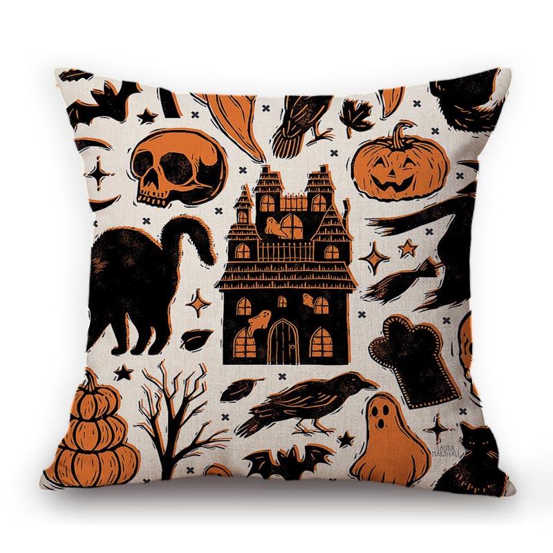 Spooky Witch Hocus Pocus Black Cat Wicked Crow Pattern Halloween Decoration Cartoon Art Sofa Pillow Case Linen Cushion Cover