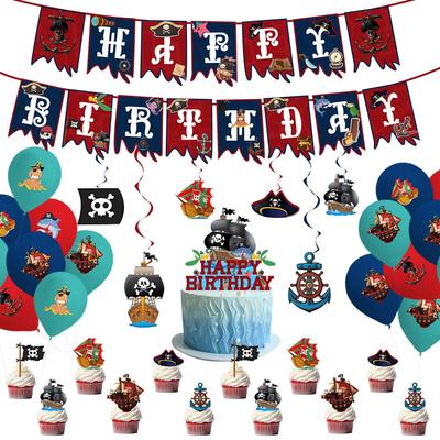 Pirate Ship Sailing Birthday Party Decor Set: Flags, Balloons & Cake Toppers