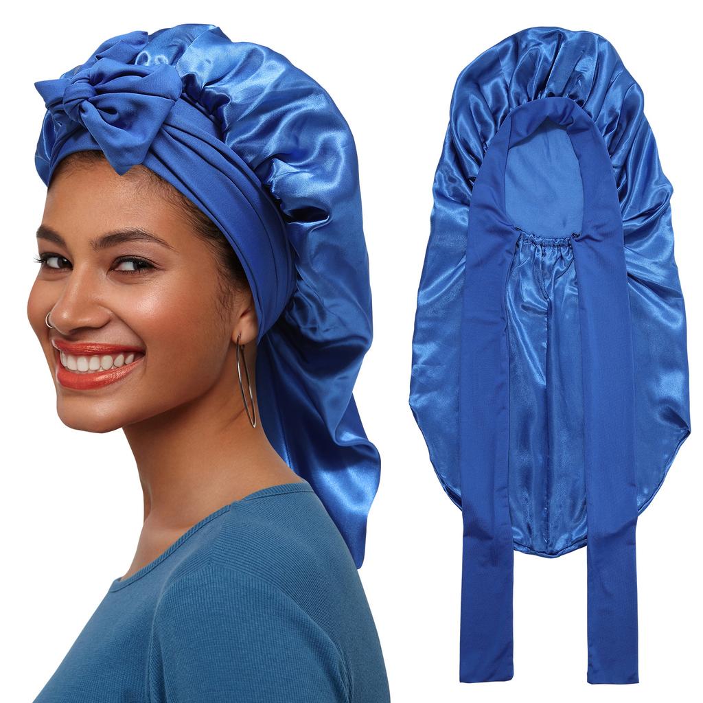 Long Sleeping Silky Satin Adjustable Hair Bonnet with Ties Solid Color Stretchy Sleep Cap for Women Long Hair and Braids